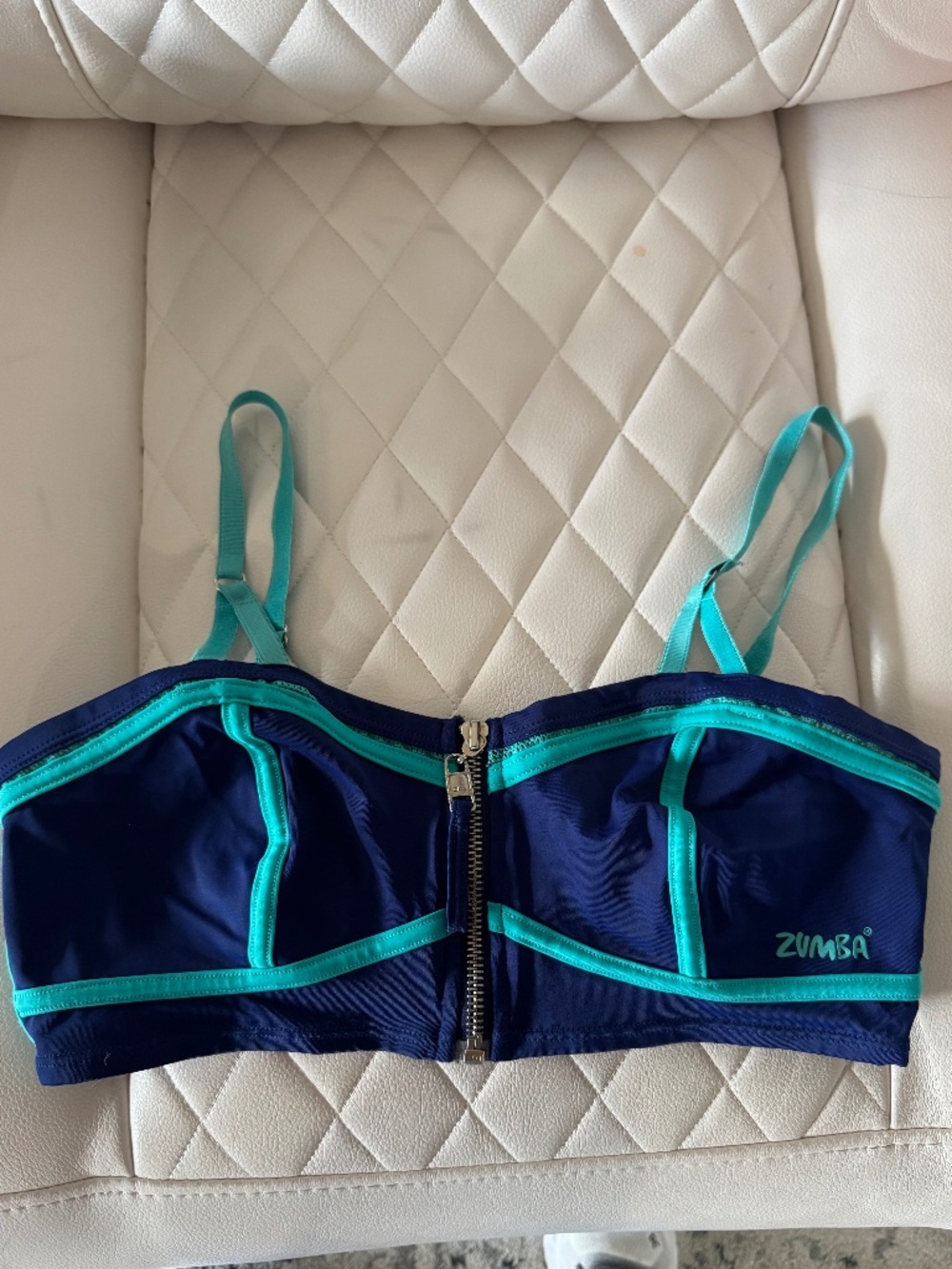 Zumba Wear Zip Front Sports Bra Blue Teal Medium Athletic Dance Top